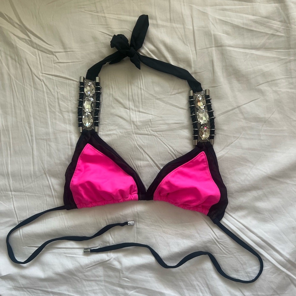 Beach Bunny Roped Up Pink/Black Rhinestone bikini top